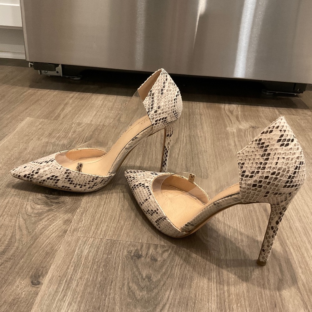Snakeskin and clear pointy heel